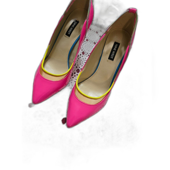 Nine West Twila Pointed Toe Heels Stiletto 80s Hot Pink w Yellow Mesh at Toe SZ7 - Picture 1 of 6